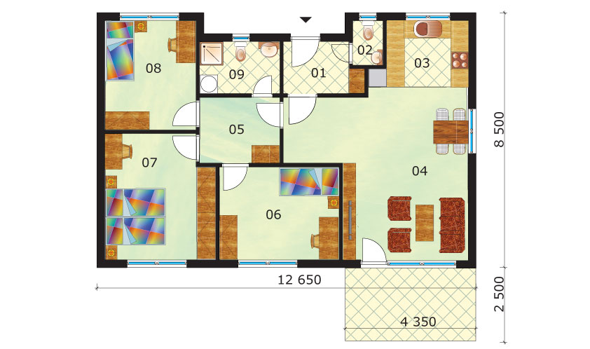 Úsporný 4-izbový bungalov, pôdorys 2023
