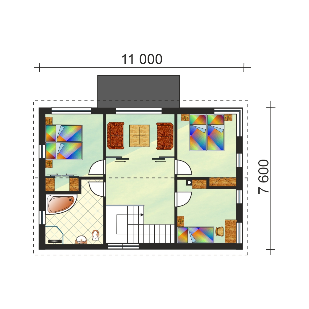 Pôdorys dvojpodlažného rodinného domu s otvorenou obývacou izbou - č.55 - 2